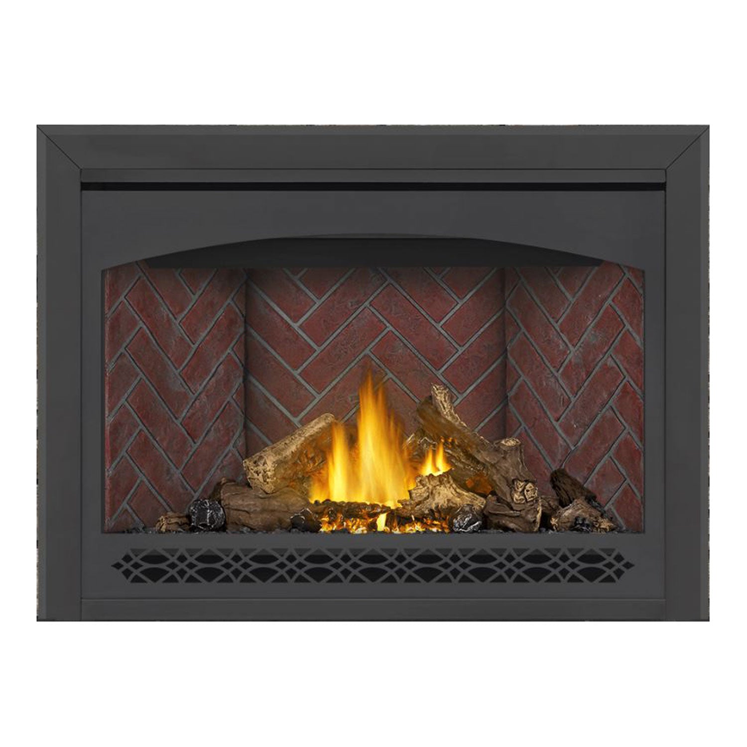 Direct vent gas fireplace with red brick interior and lit fire bed with logs