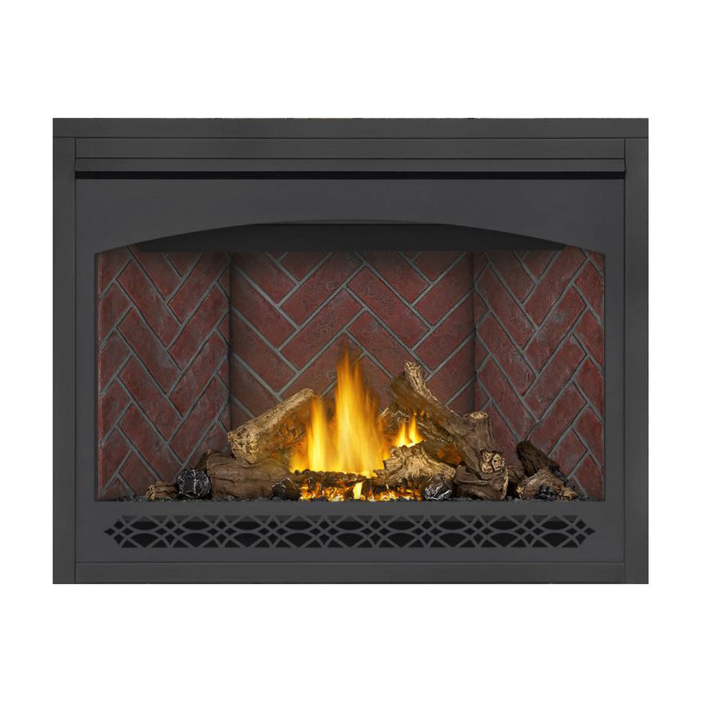 Direct vent gas fireplace with red brick interior, flames, and lower mesh vent