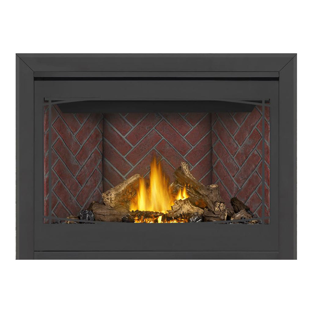Direct vent gas fireplace with dark surround, burning logs, and red brick-pattern back panel.