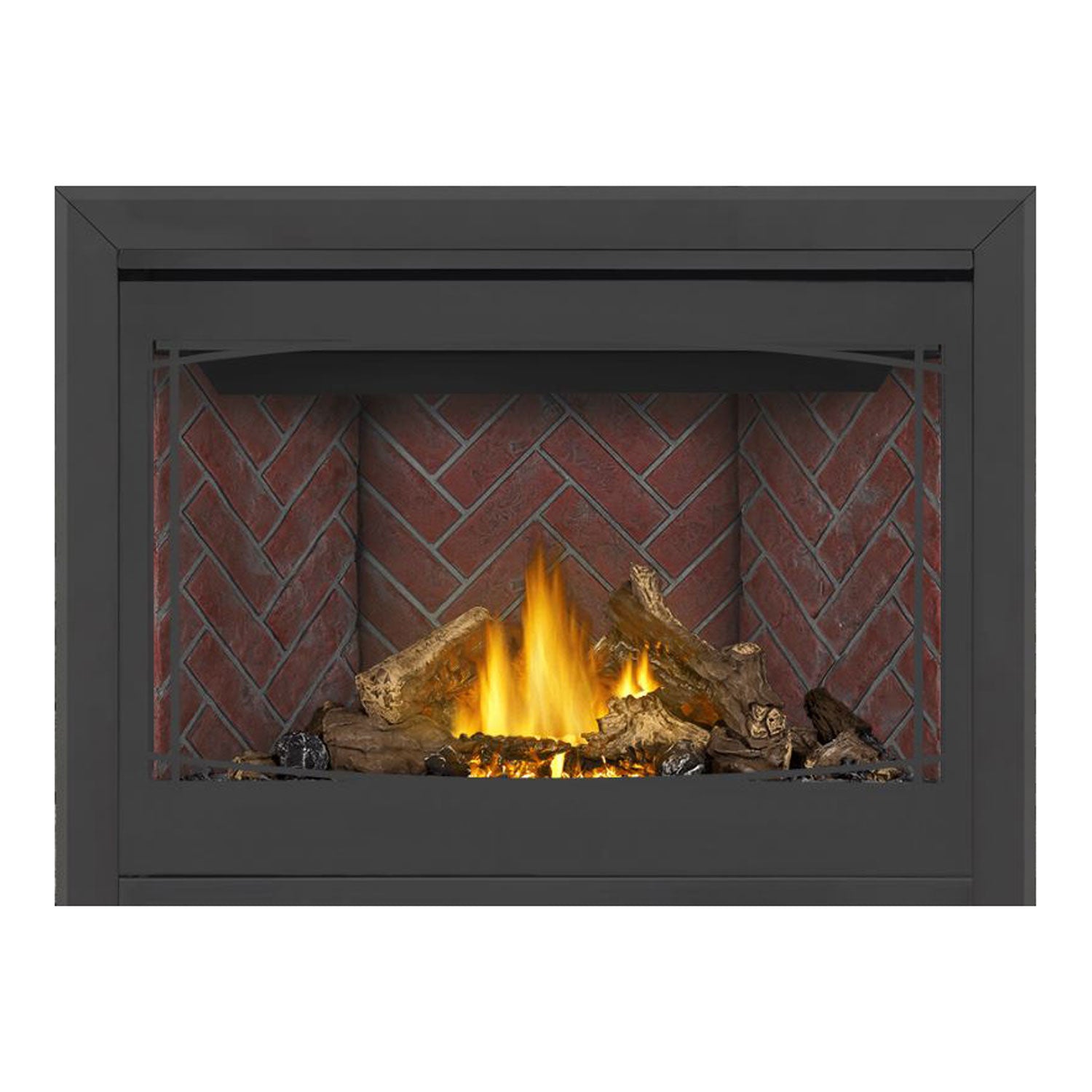 Direct vent gas fireplace with dark surround, burning logs, and red brick-pattern back panel.