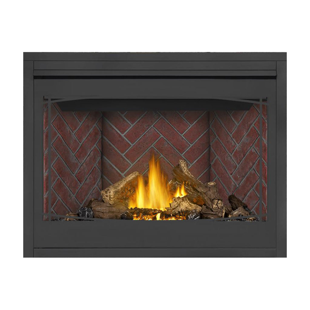 Direct vent gas fireplace with dark surround, burning logs, and red brick-pattern back panel.