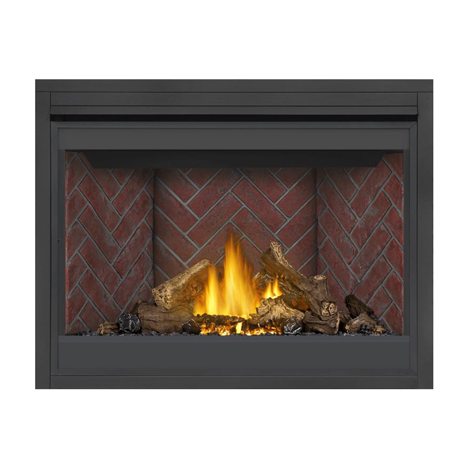 Direct vent gas fireplace with red brick interior and lit logs and embers