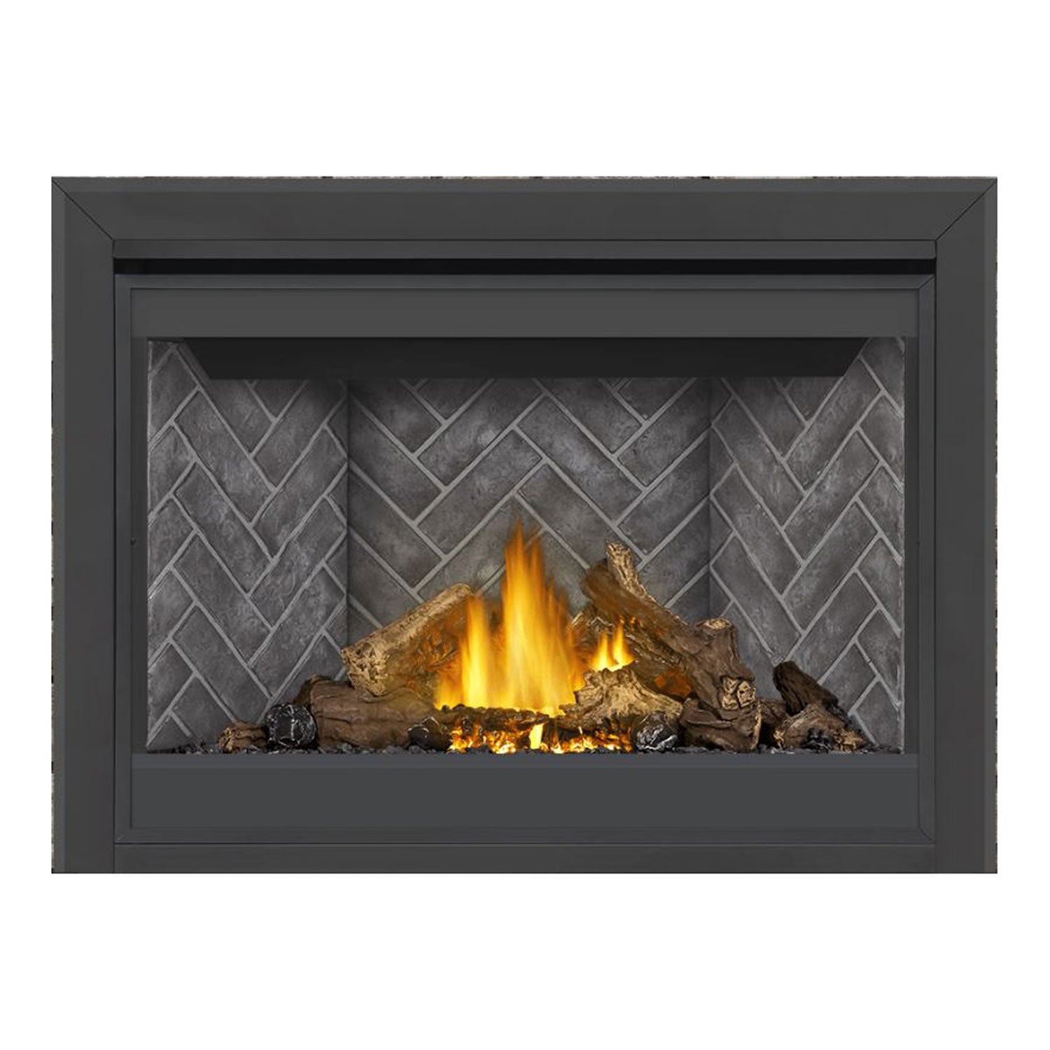 Direct vent gas fireplace with dark surround, burning logs, and gray brick-pattern back panel.