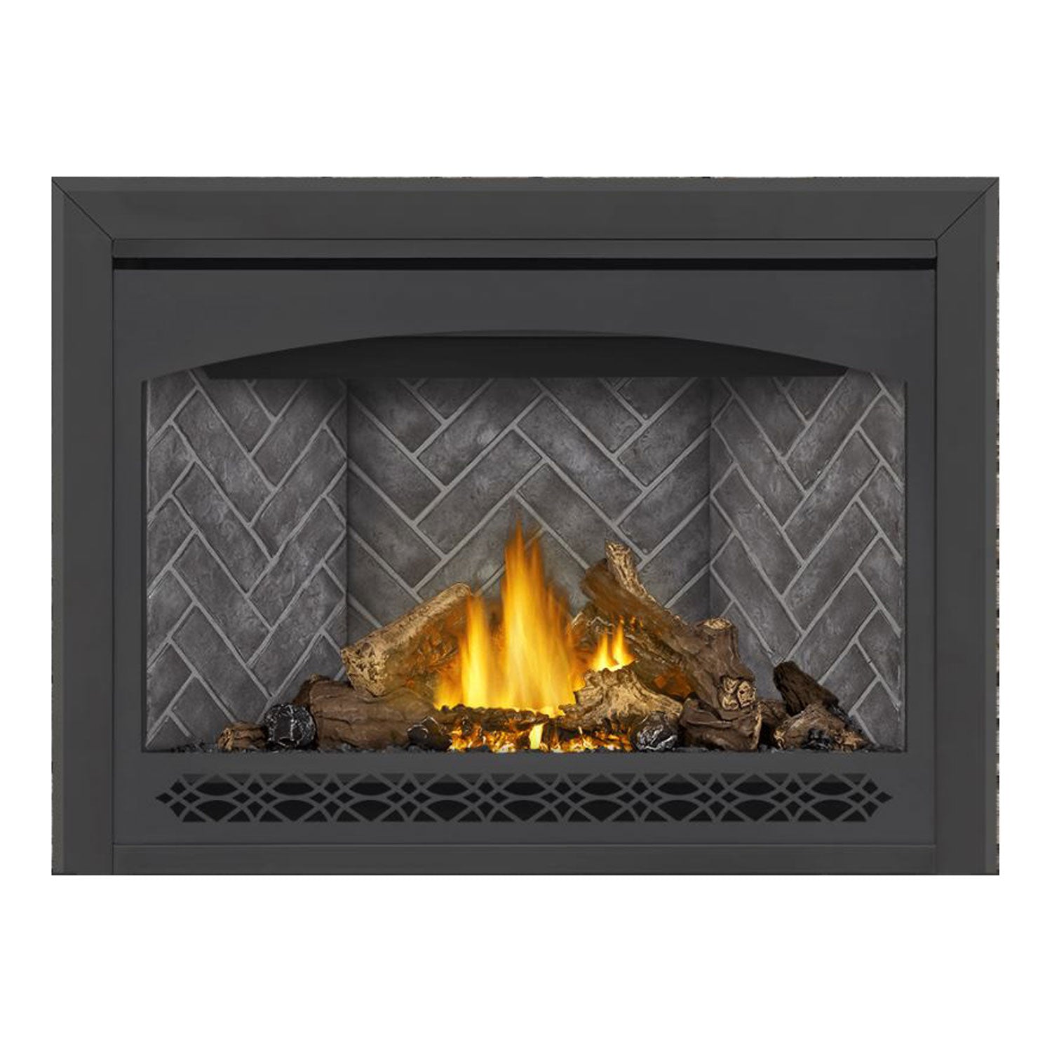 Direct vent gas fireplace with dark surround, burning logs, and gray brick-pattern back panel.