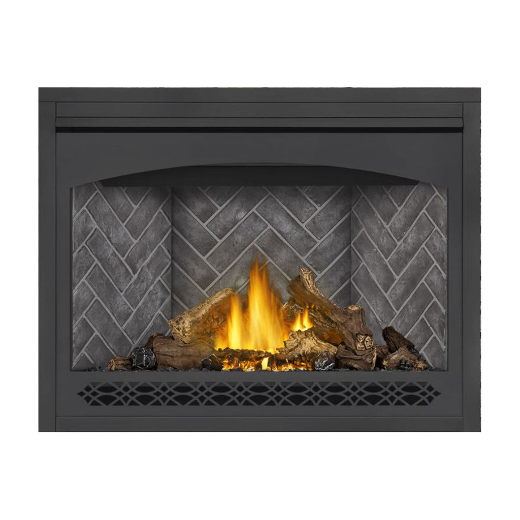 Direct vent gas fireplace with dark surround, burning logs, and gray brick-pattern back panel.