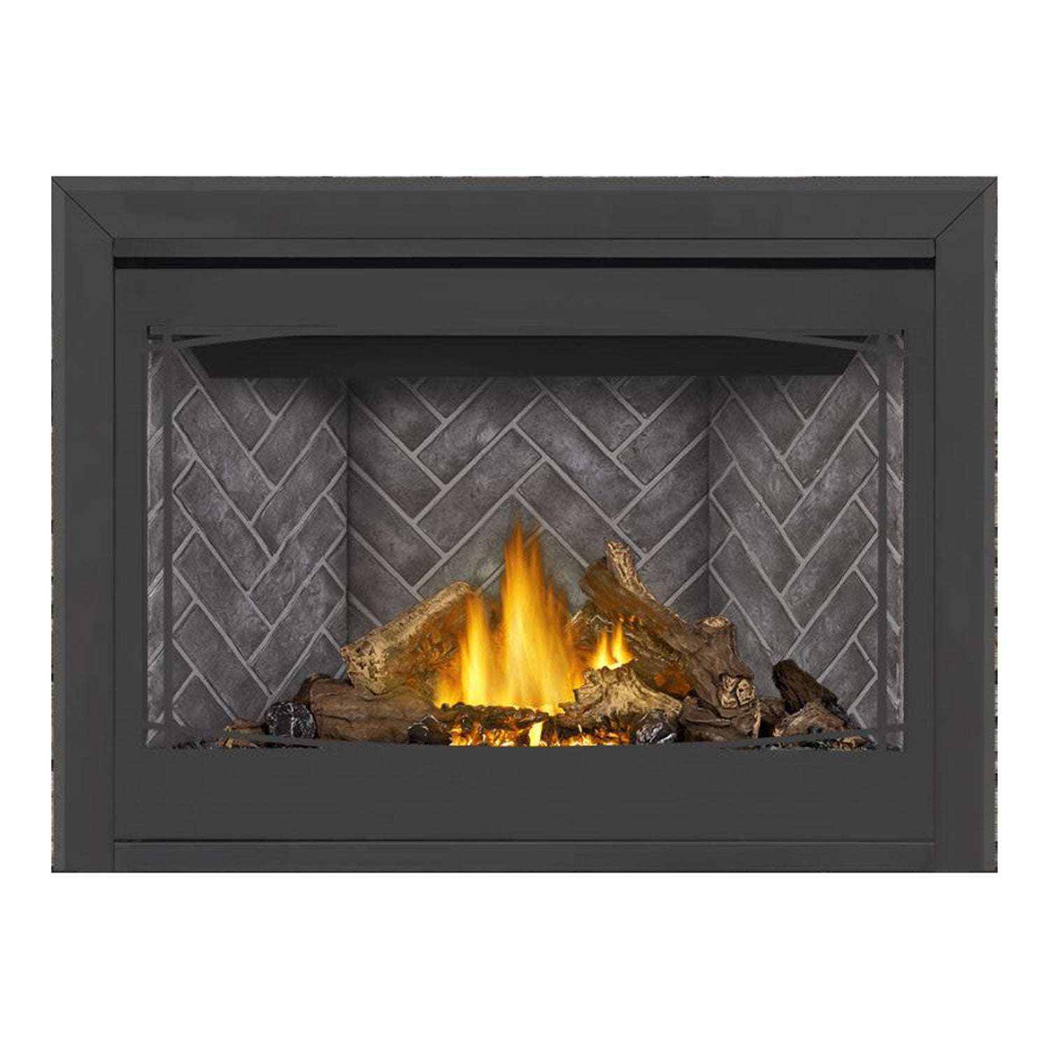 Direct vent gas fireplace with dark surround, burning logs, and gray brick-pattern back panel.