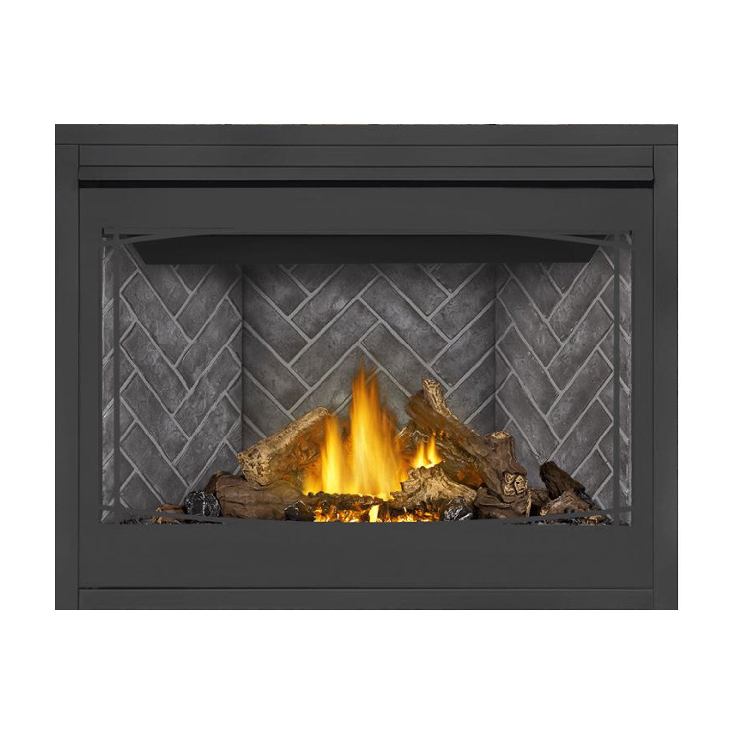 Direct vent gas fireplace with dark surround, burning logs, and gray brick-pattern back panel.