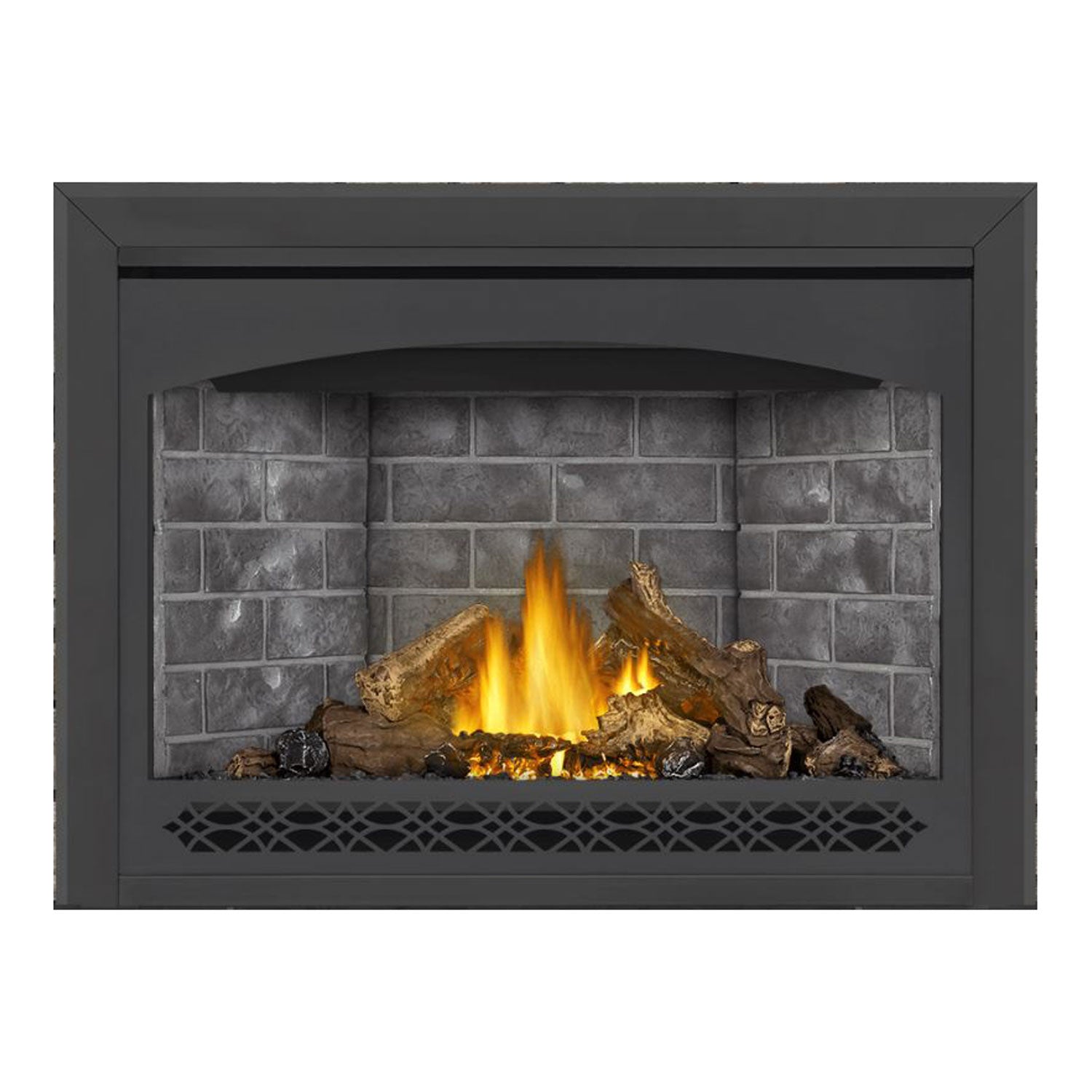 Direct vent gas fireplace with dark gray frame, gray brick back, burning logs and bright flames