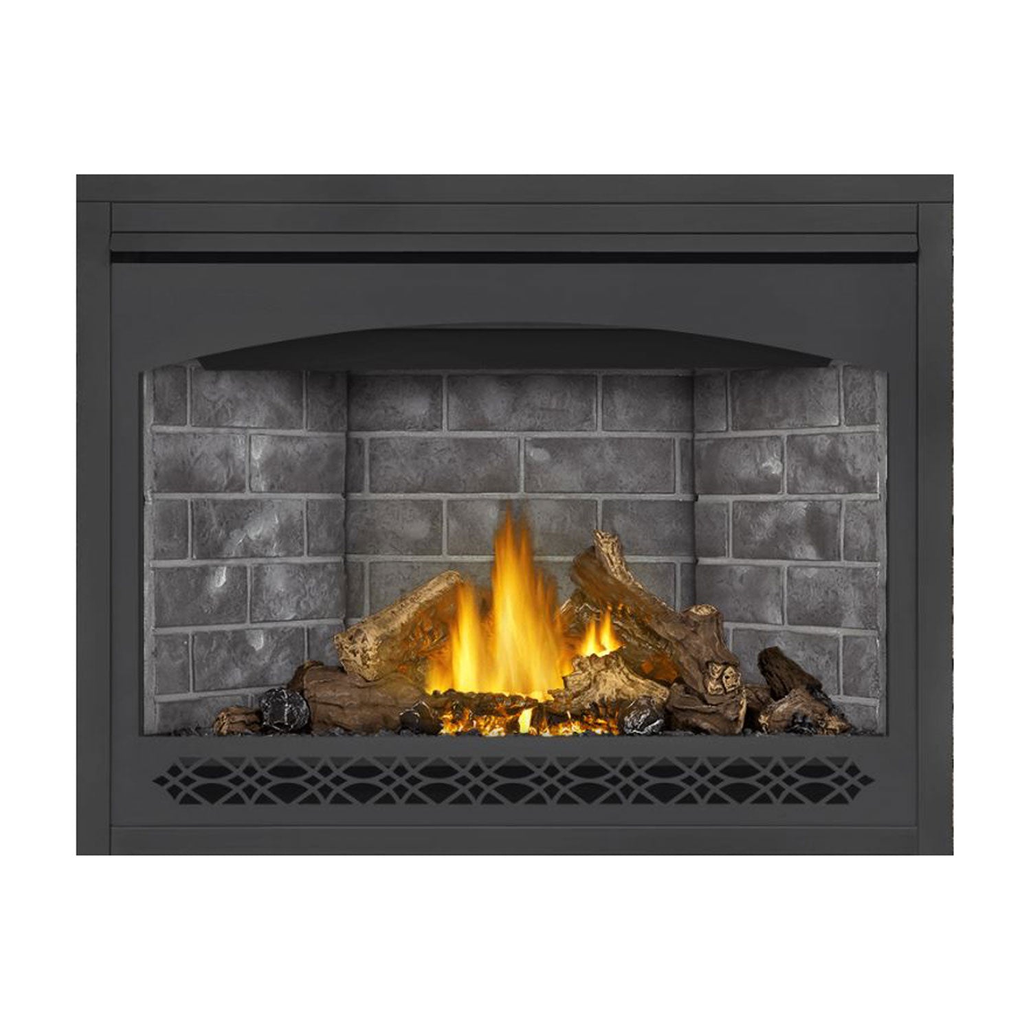 Direct vent gas fireplace with dark gray surround, gray stone back panel, burning logs, mesh grille