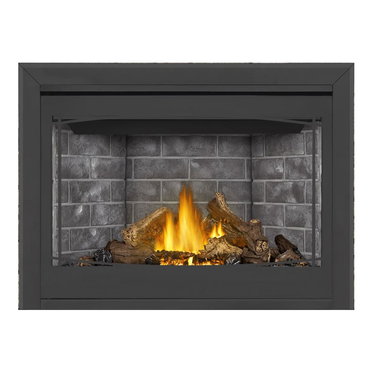 Direct vent gas fireplace with dark gray frame, gray brick back, burning logs and glowing embers
