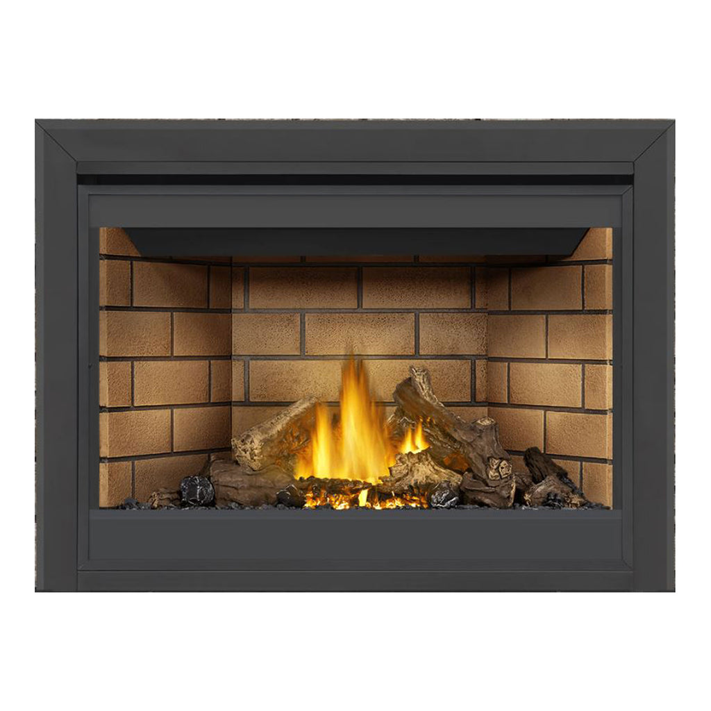 Direct vent gas fireplace with black surround, orange flames, and stacked logs