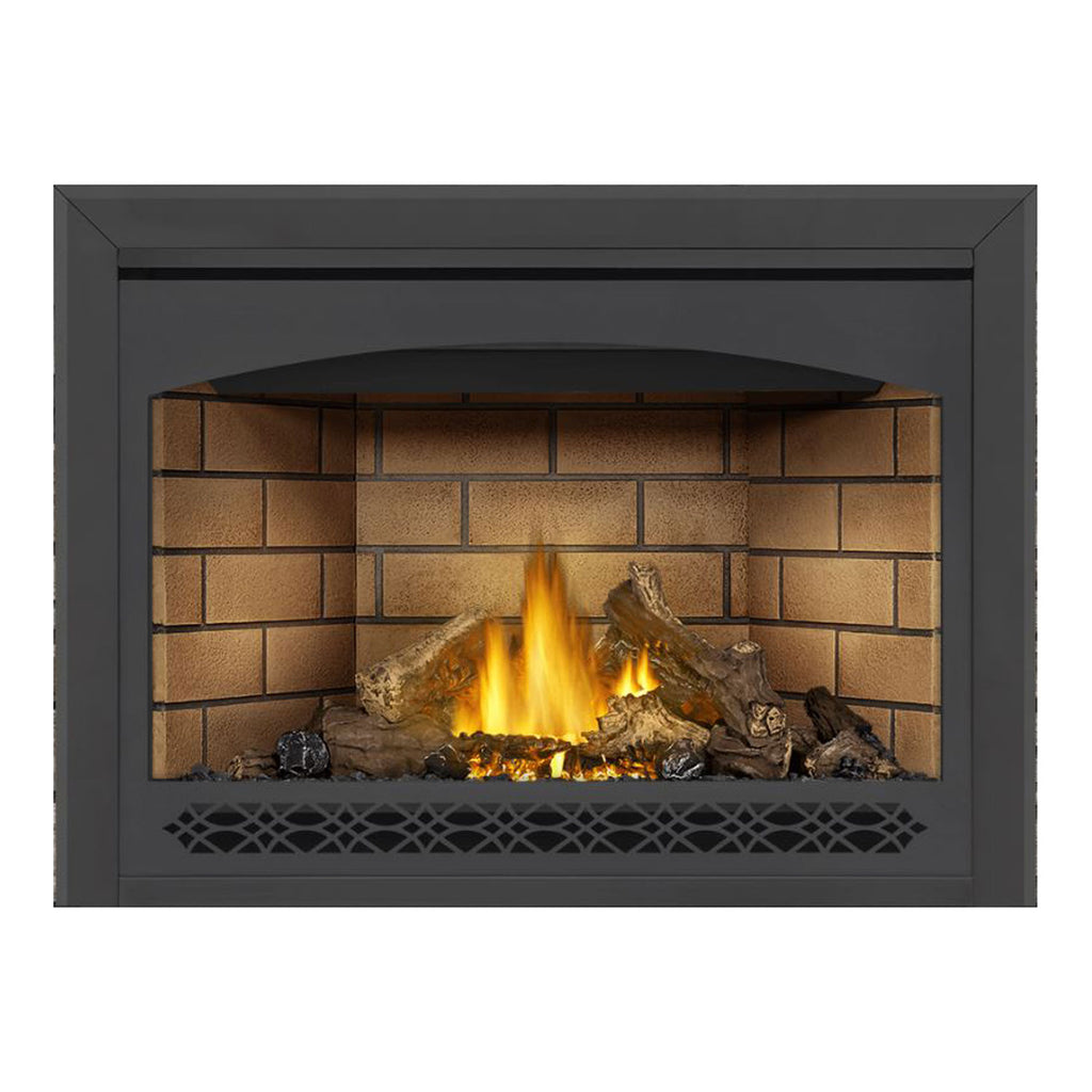 Direct vent gas fireplace with black surround, flames, and lower mesh vent