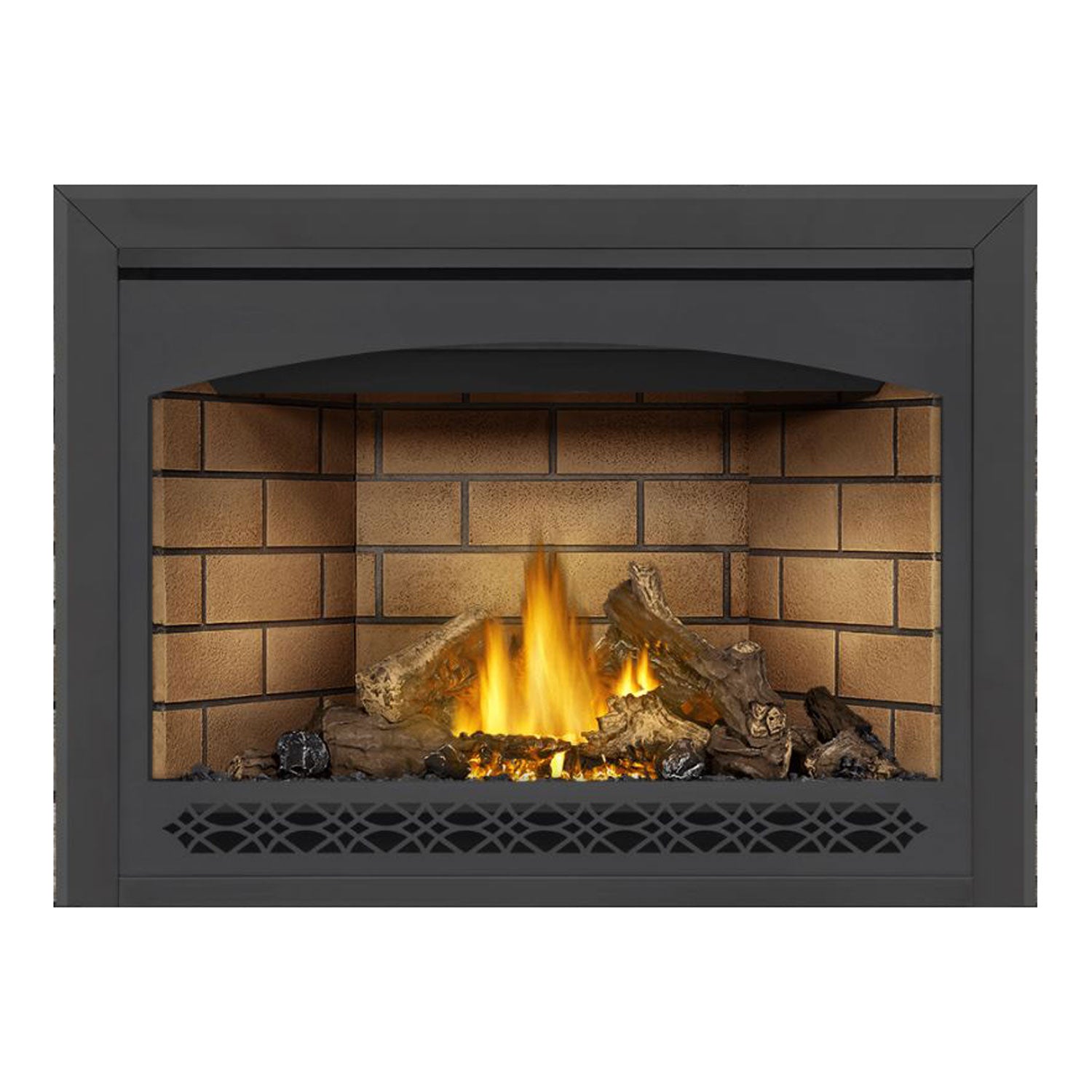 Direct vent gas fireplace with black surround, flames, and lower mesh vent