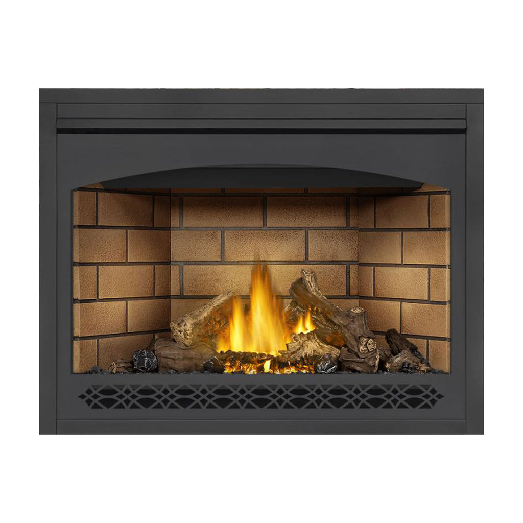 Direct vent gas fireplace with black surround, lit logs, and lower mesh vent