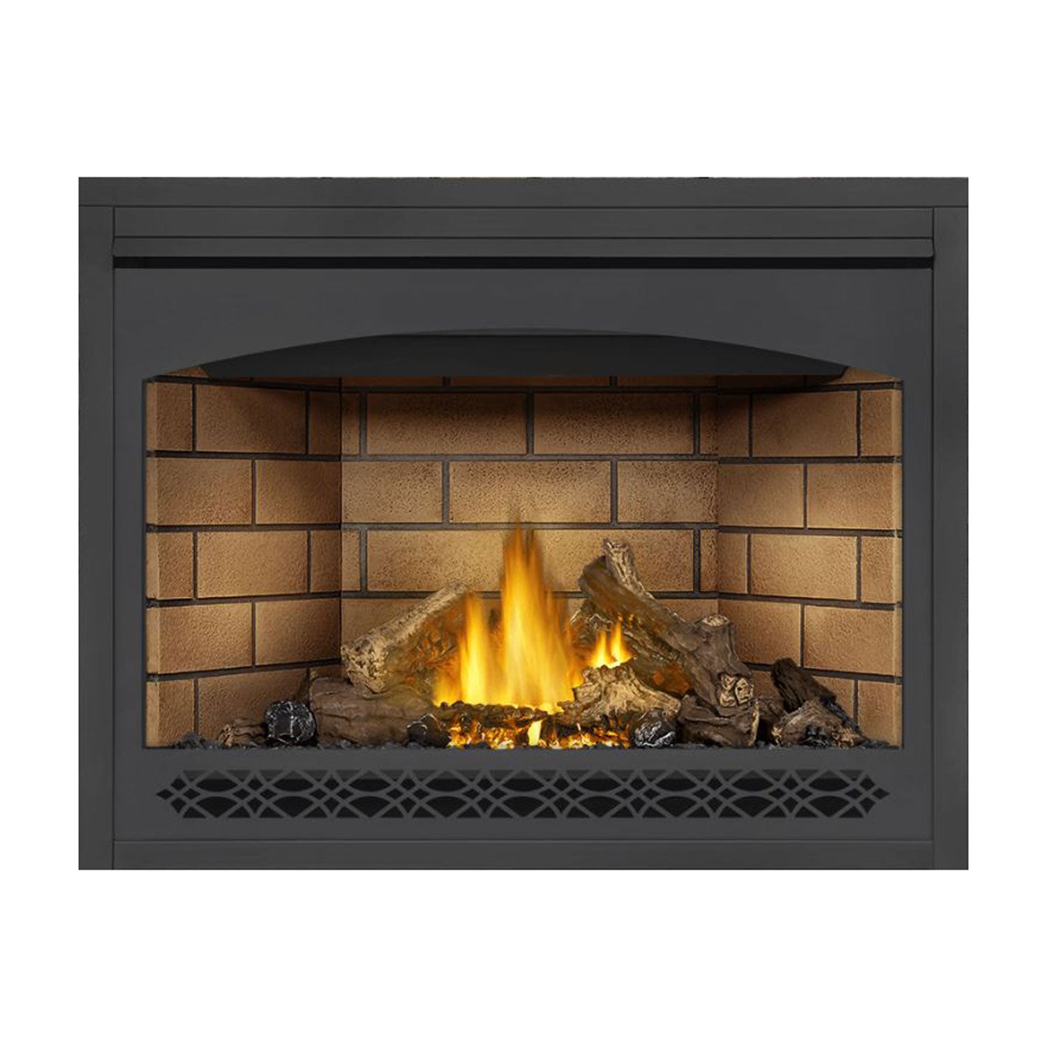 Direct vent gas fireplace with black surround, lit logs, and lower mesh vent