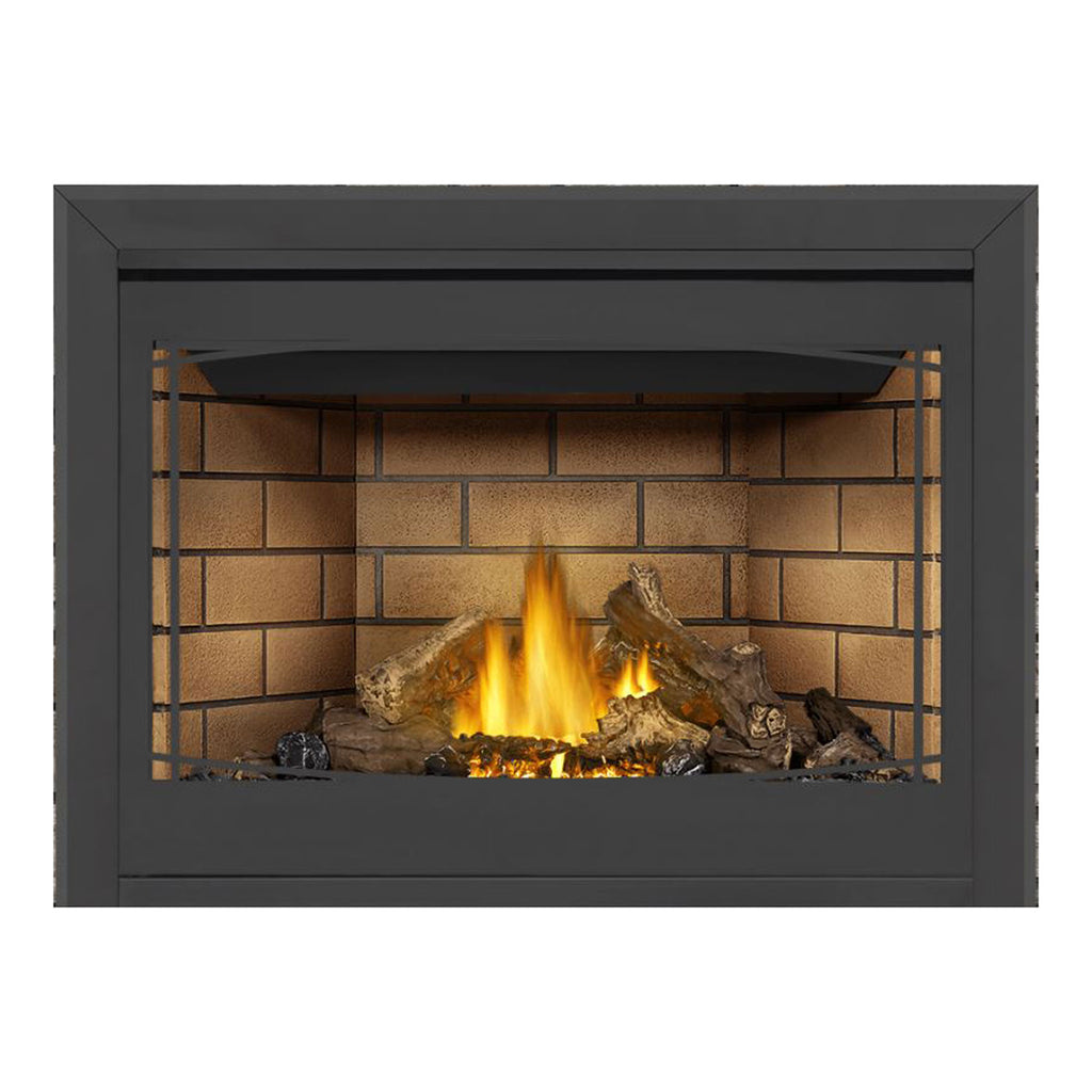 Direct vent gas fireplace with black surround and side mesh panels with lit logs
