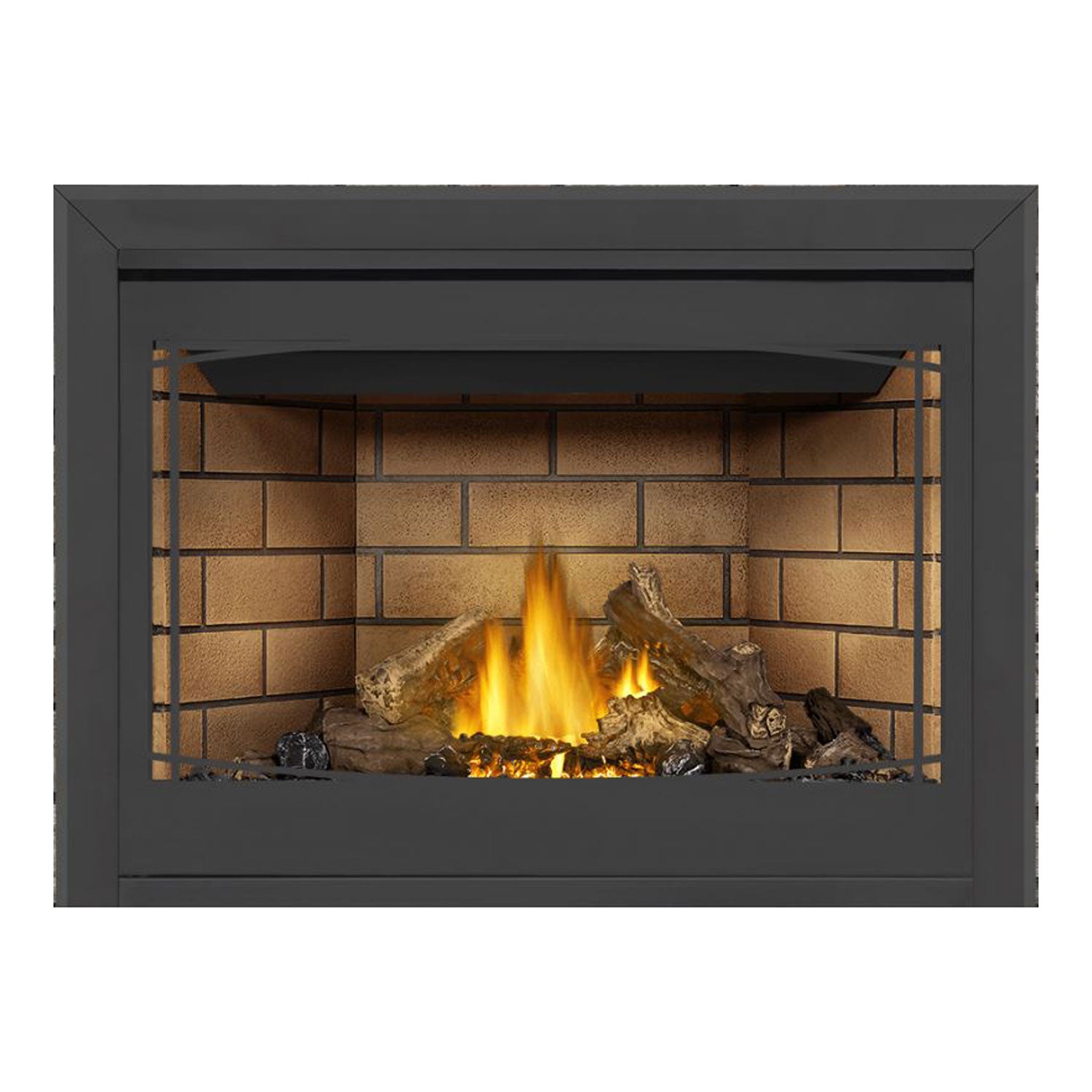 Direct vent gas fireplace with black surround and side mesh panels with lit logs