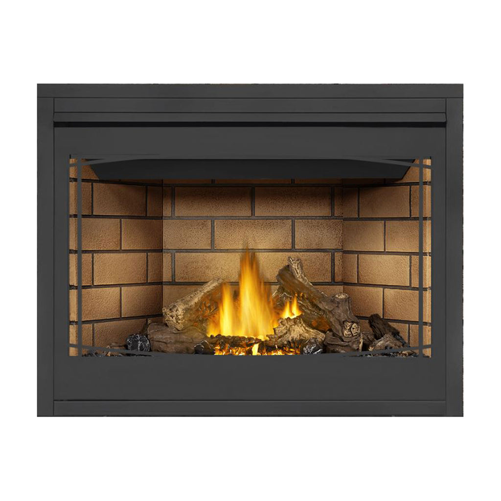 Direct vent gas fireplace with black surround and side mesh panels over flames