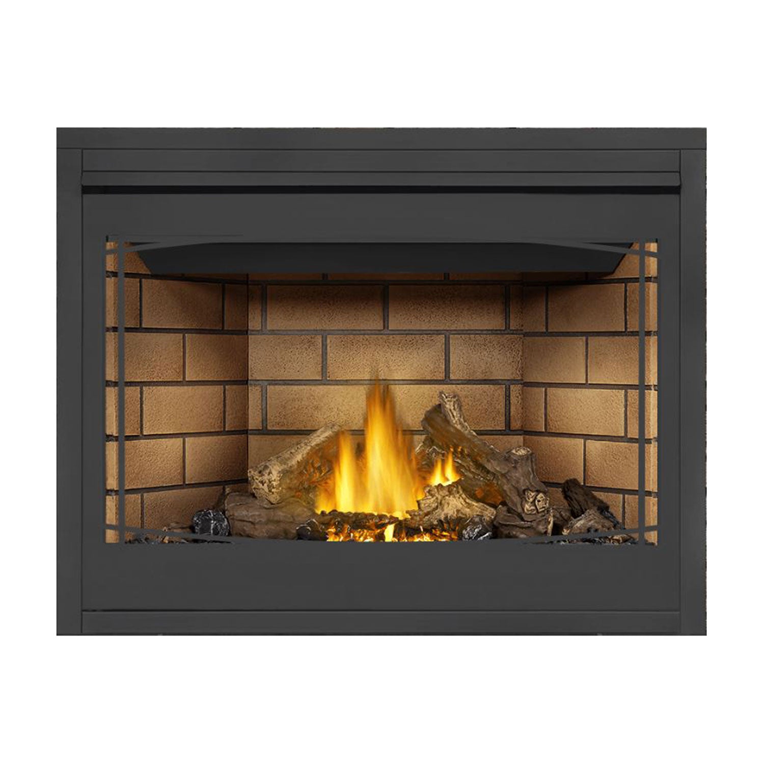 Direct vent gas fireplace with black surround and side mesh panels over flames