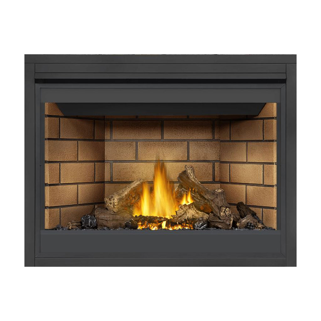 Direct vent gas fireplace with black surround and lit fire bed with logs