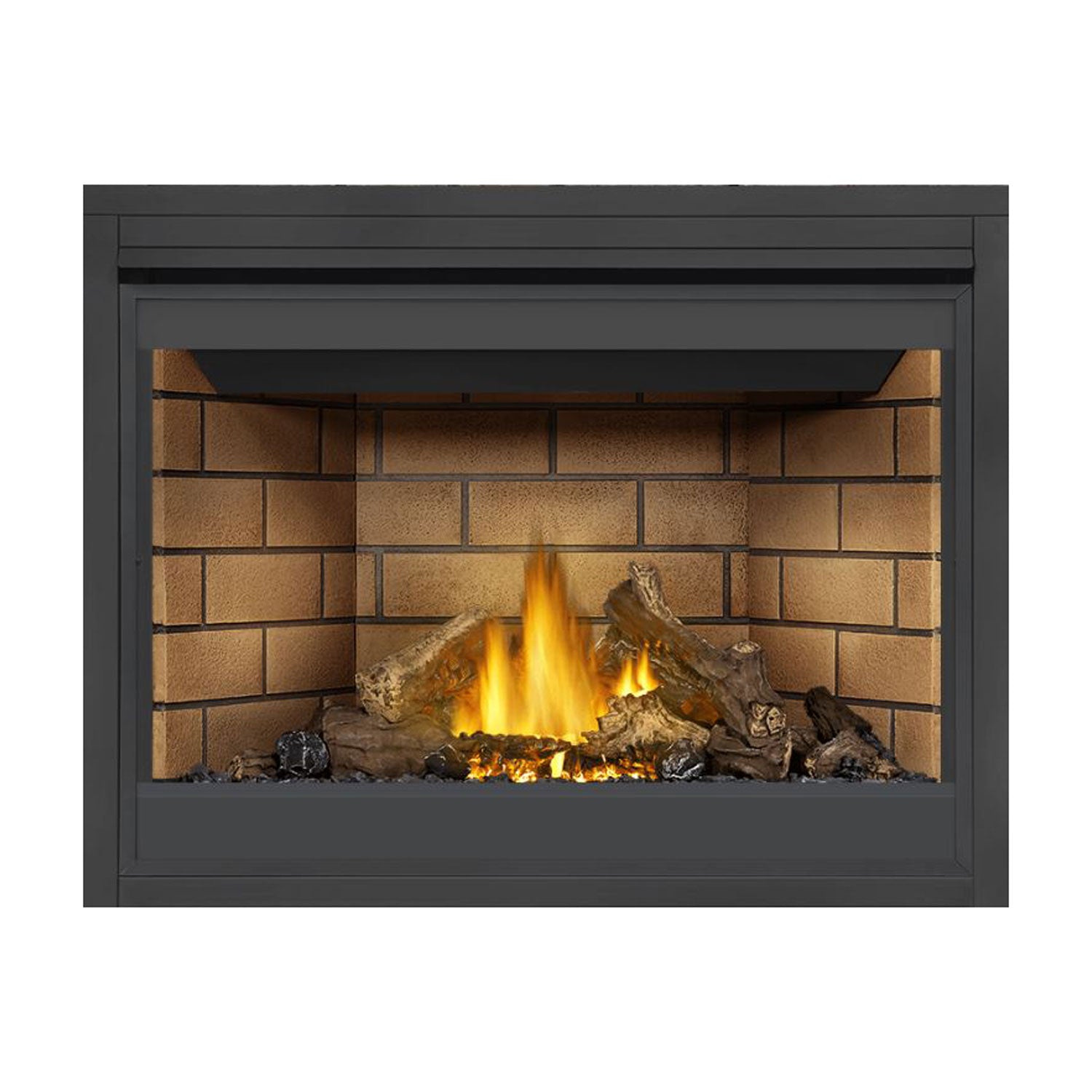 Direct vent gas fireplace with black surround and lit fire bed with logs