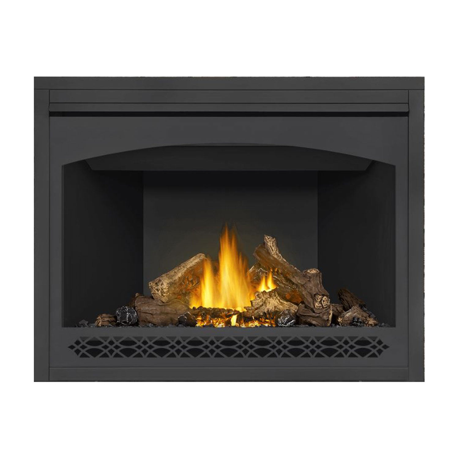 Black direct vent gas fireplace with glowing flames and decorative mesh burner screen