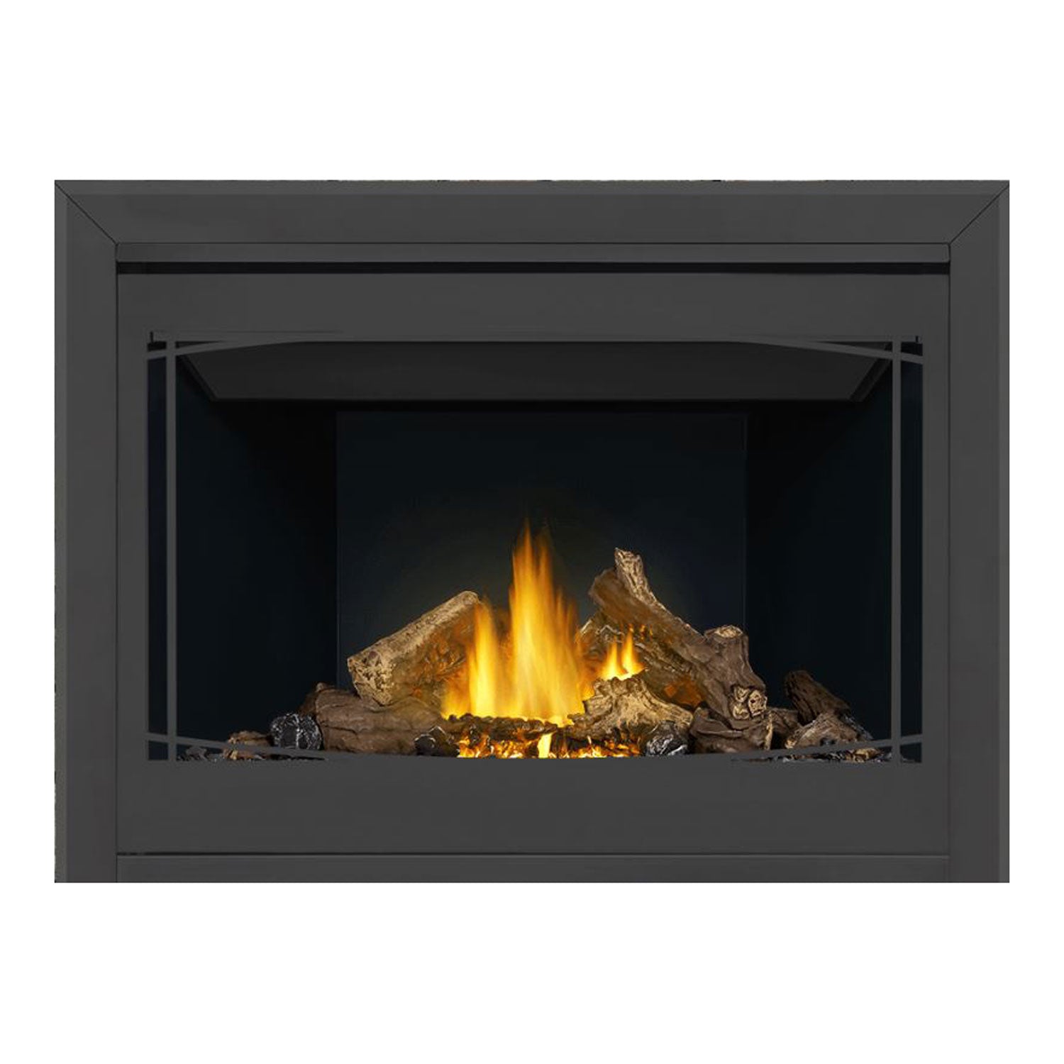 Direct vent gas fireplace with dark gray surround, black interior, burning logs with bright yellow flames