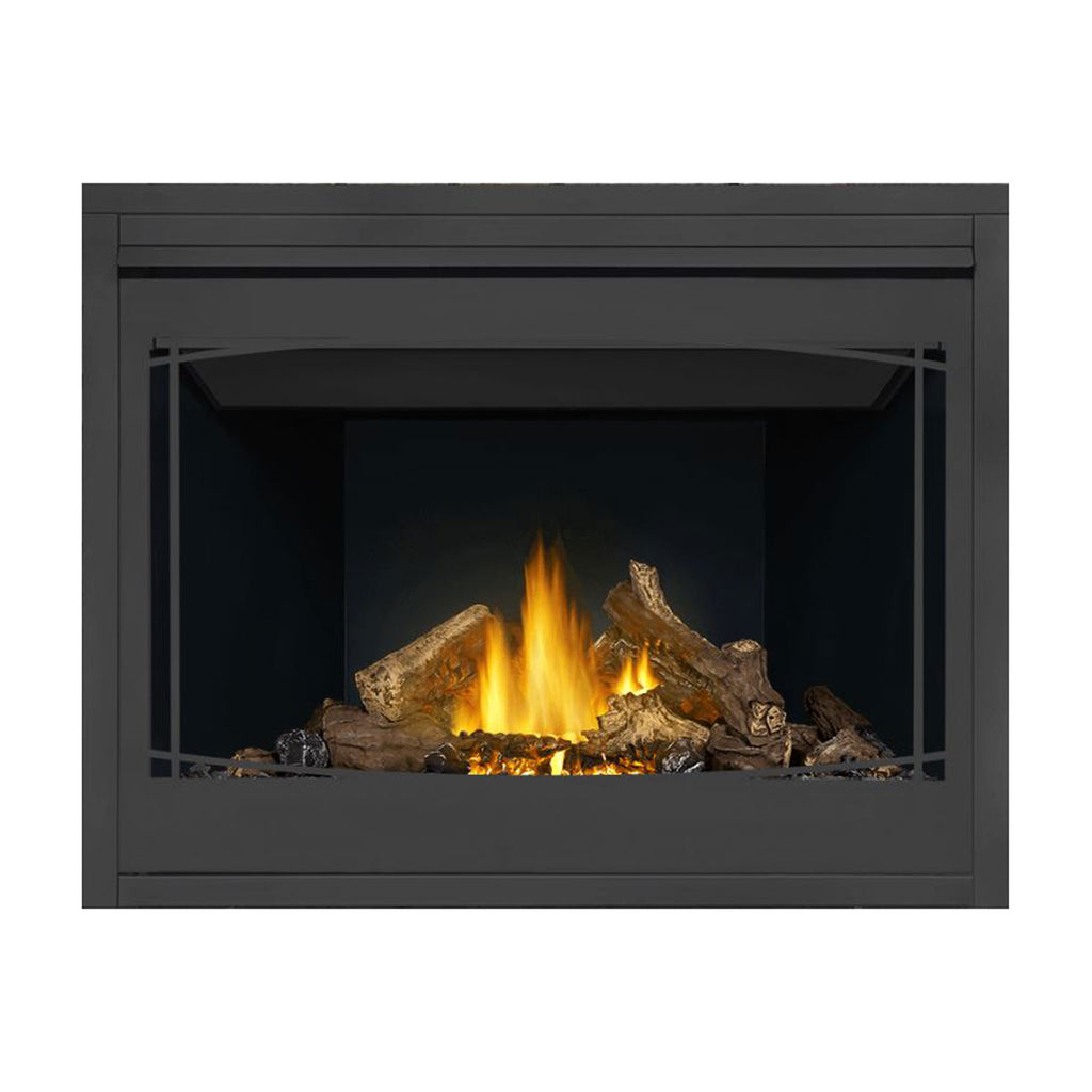 Direct vent gas fireplace with dark gray frame, black interior, burning logs and glowing embers