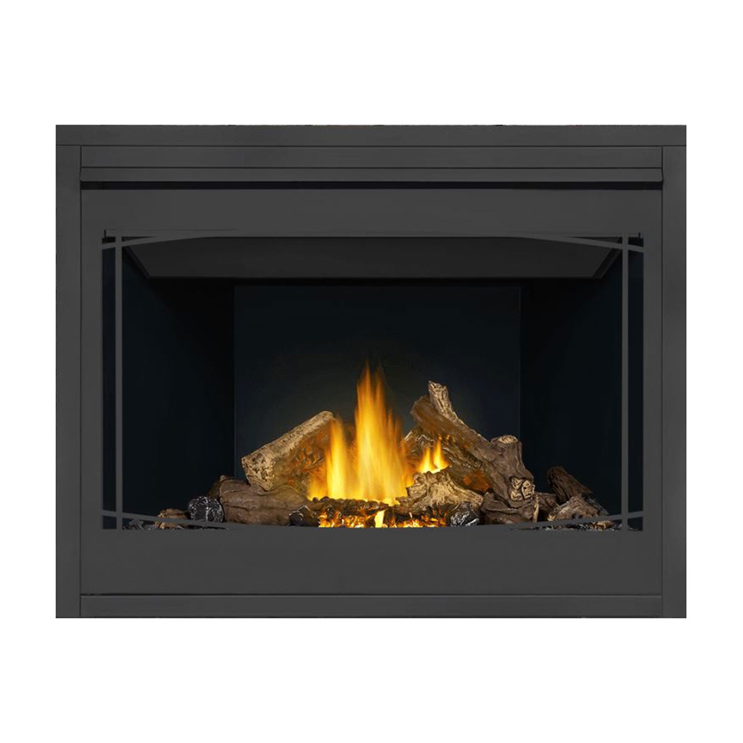 Direct vent gas fireplace with dark gray frame, black interior, burning logs and glowing embers