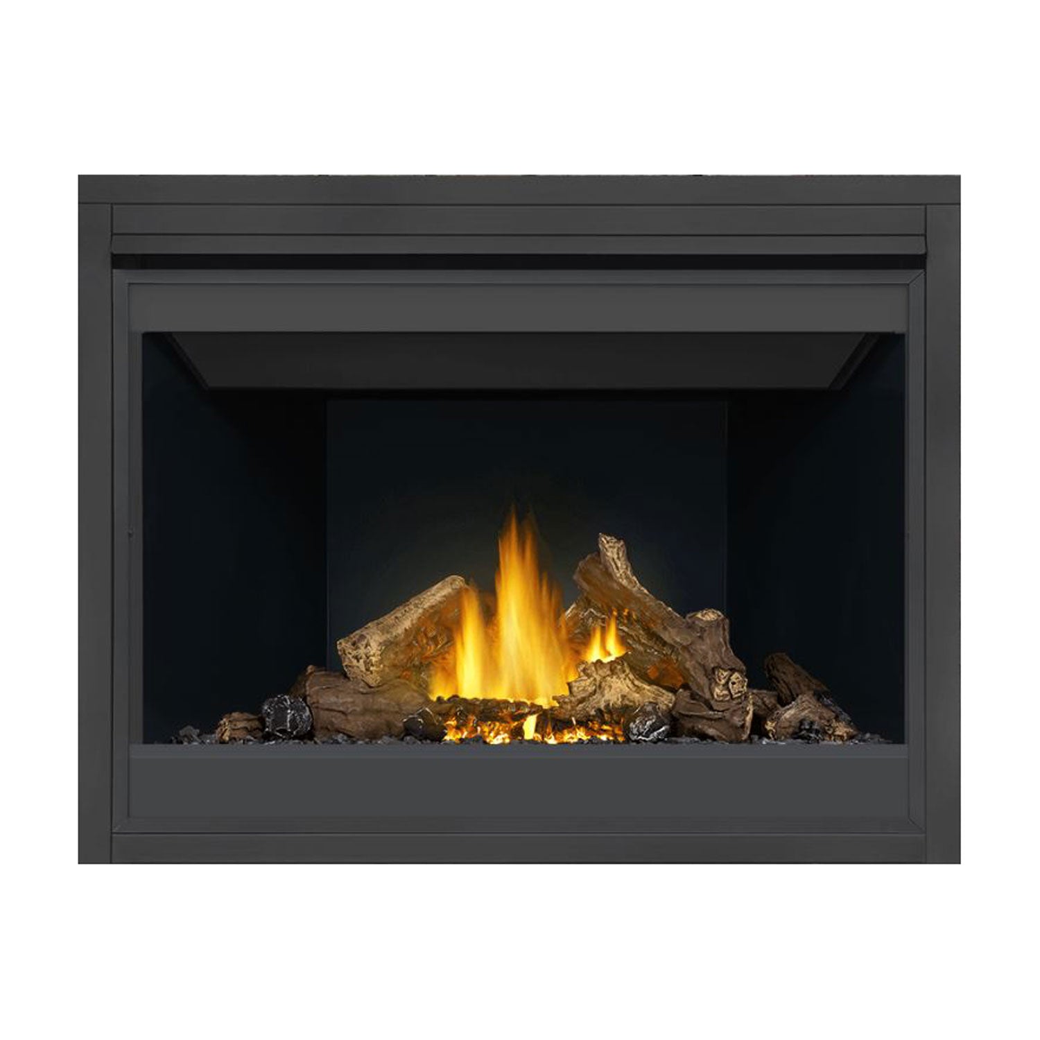 Direct vent gas fireplace with dark gray surround, black interior, burning logs and embers