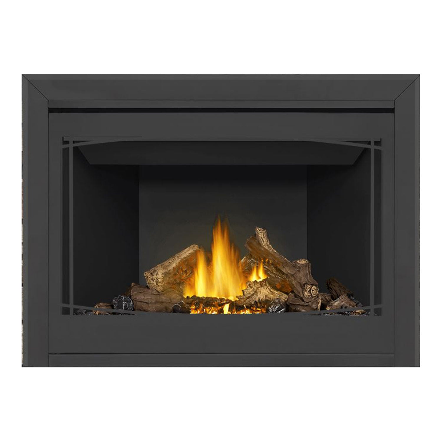 Black direct vent gas fireplace with glowing flames and log set behind glass