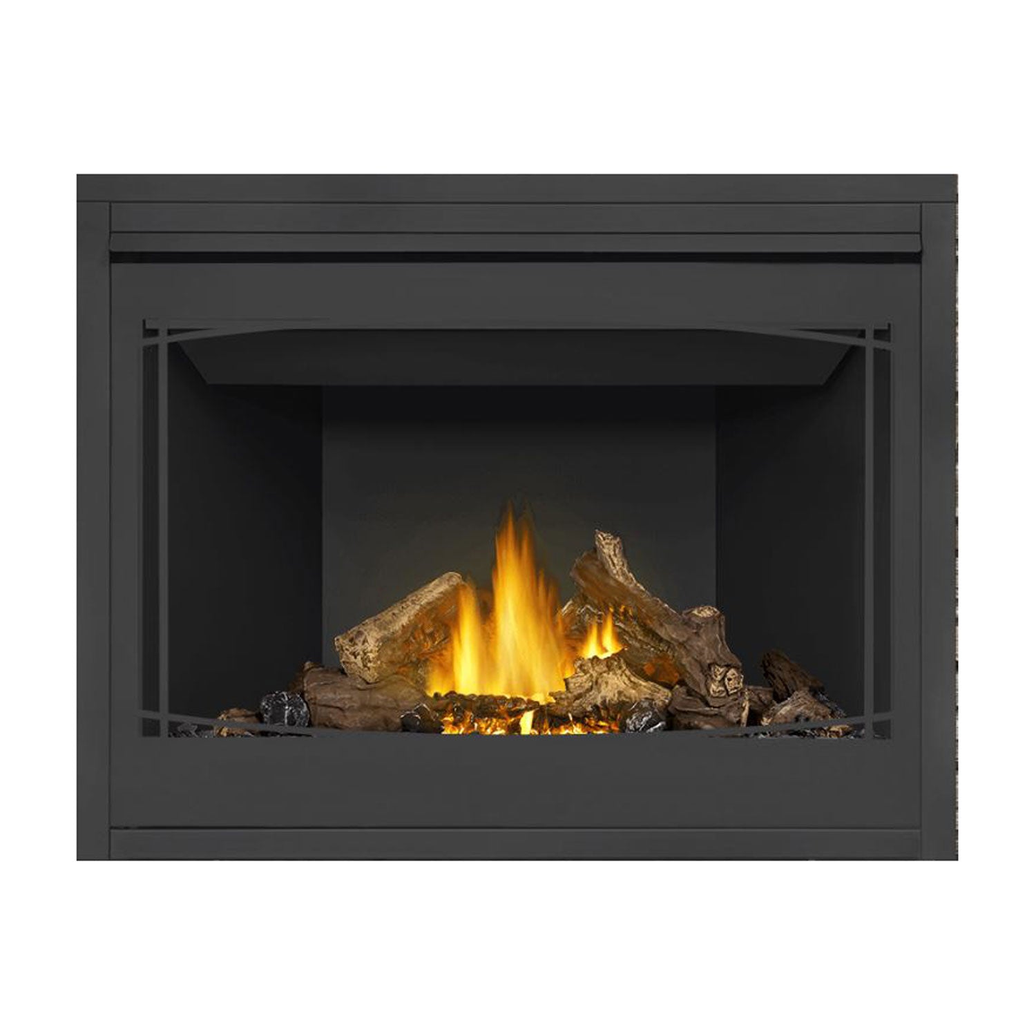 Black direct vent gas fireplace with glowing flames and log set, no mesh screen
