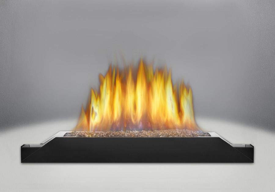 Napoleon Topaz fire glass burner assembly with dark metal surround and visible flames