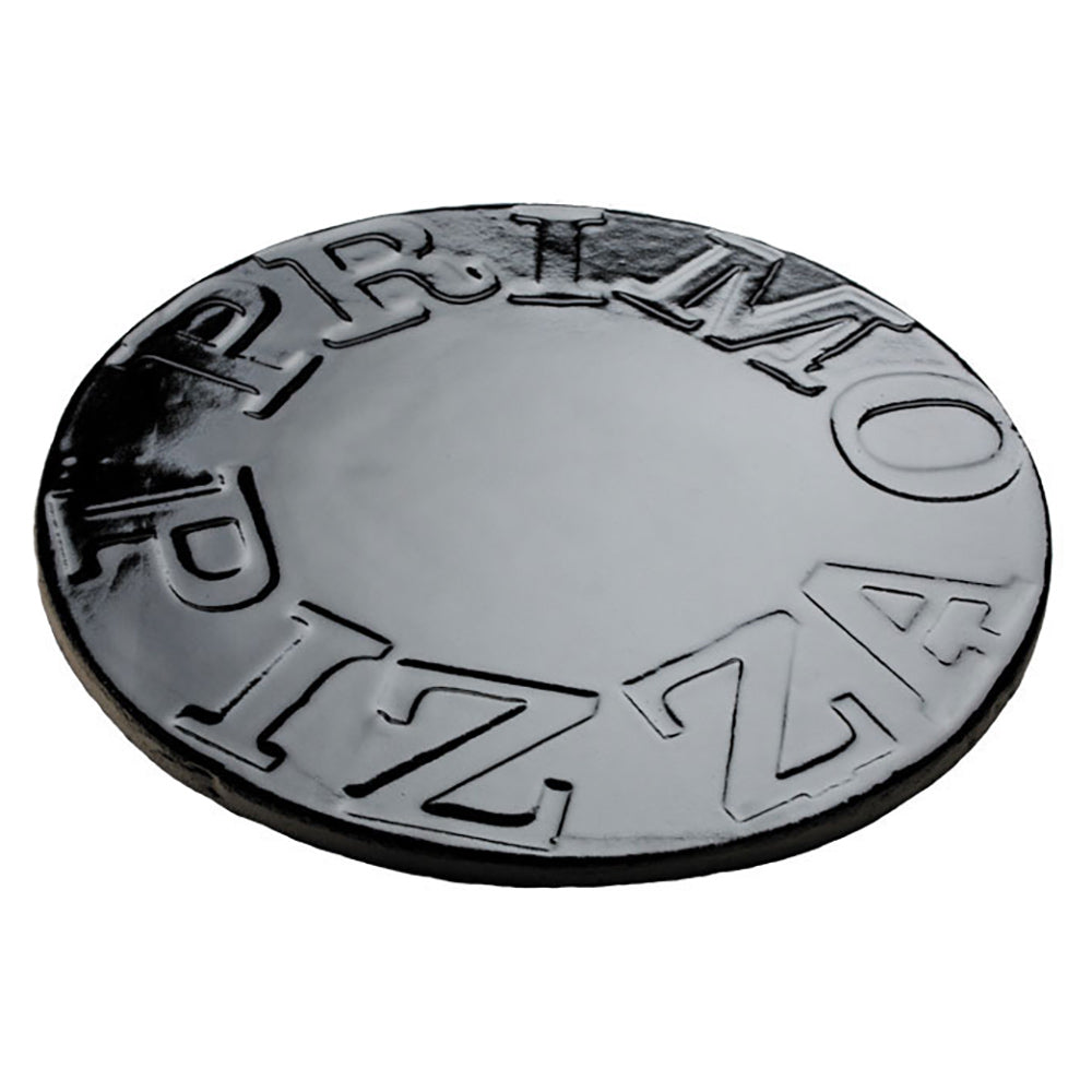 Round porcelain glazed pizza baking stone underside with embossed Primo mark, 16-inch