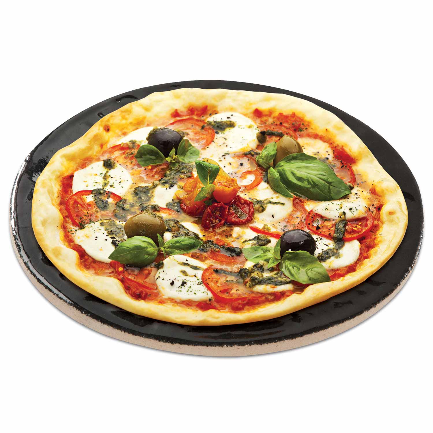 Porcelain glazed pizza baking stone with a veggie-topped pizza on top, round 16-inch