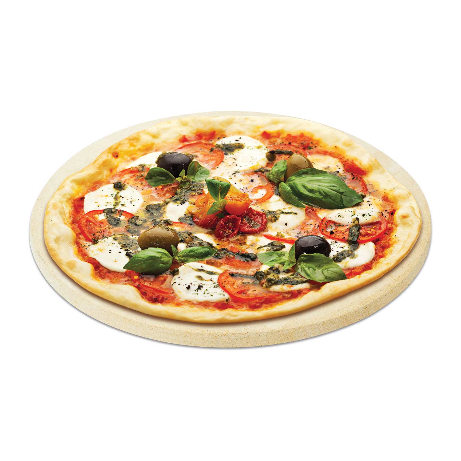 Pizza baking stone with topped pizza, 13-inch round