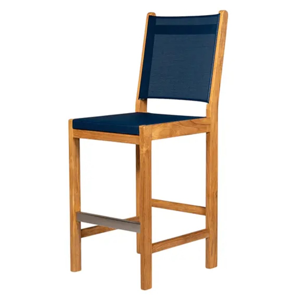 Teak bar sling chair with navy fabric seat and backrest, open side frame