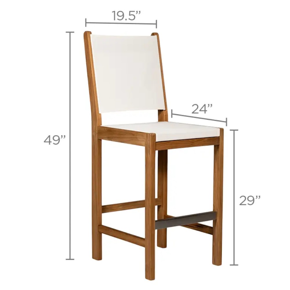 Teak bar sling chair with white fabric seat and backrest, ladder-style side rails