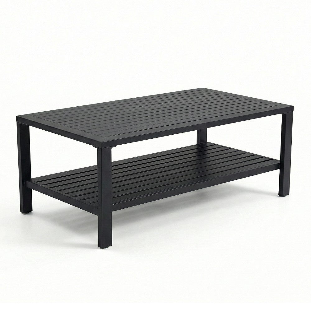 Dark teak coffee table with slatted top and lower shelf, rectangular legs