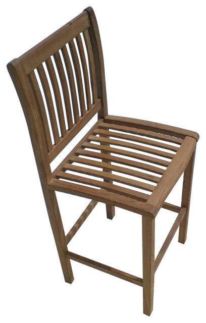 Teak bar chair with slatted backrest and slatted seat, angled view