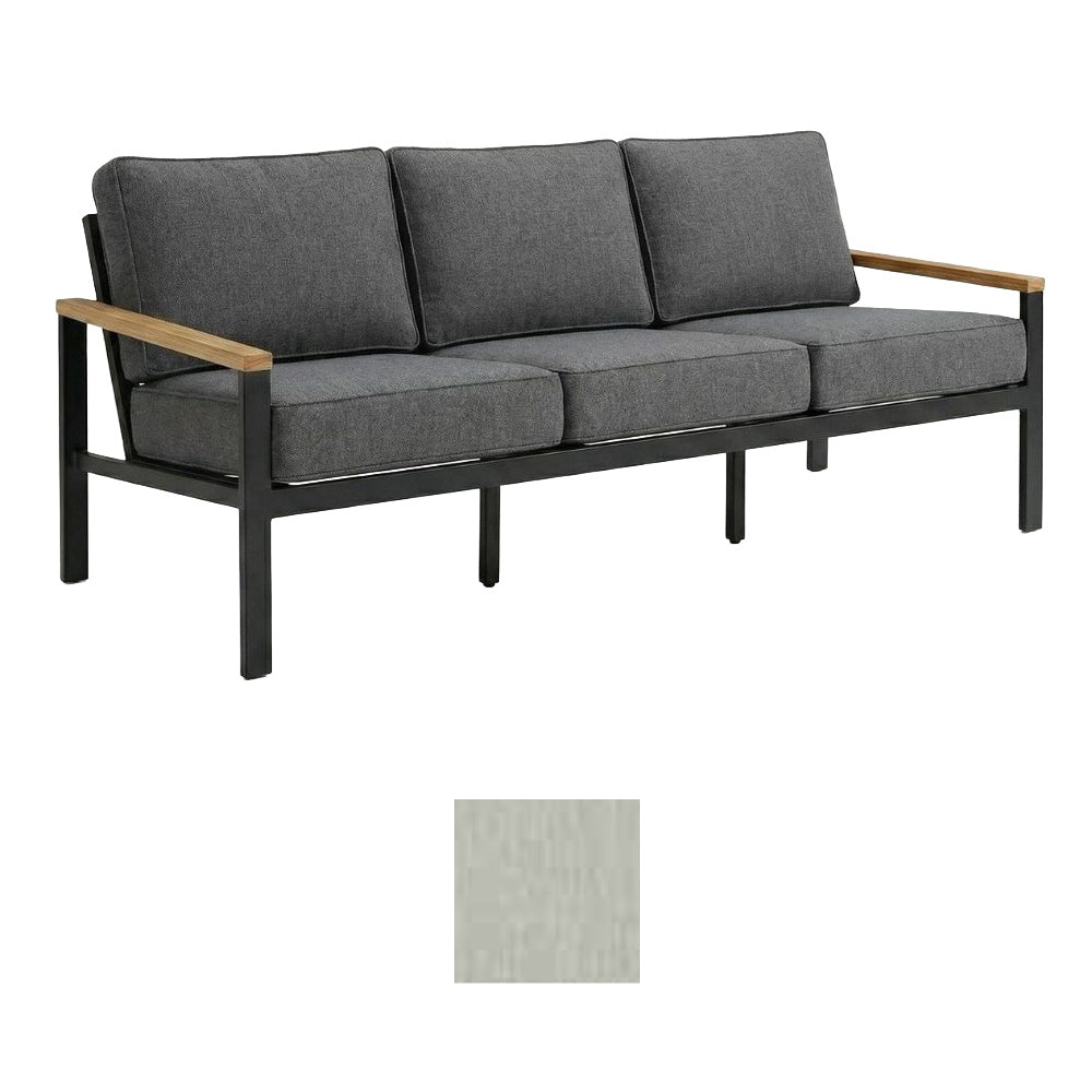 Gray upholstered outdoor sofa with three back cushions, black metal legs, teak arm accents