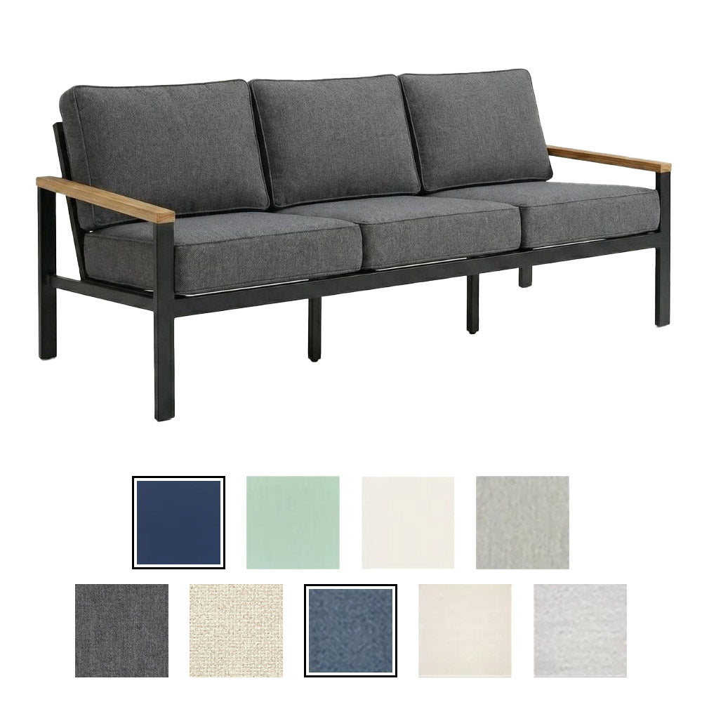Barcelona sofa with dark gray cushions and black frame, three seat pillows.