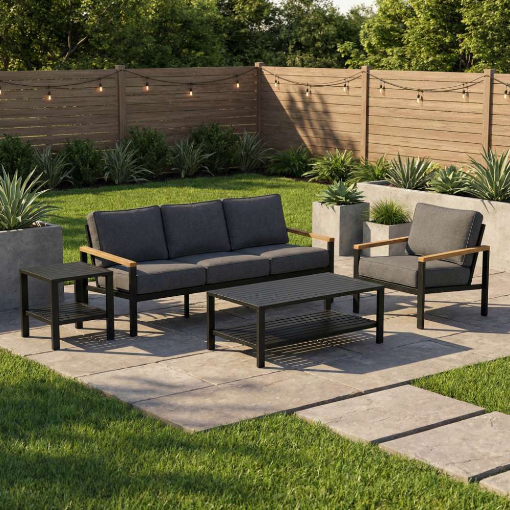 Outdoor seating set with dark gray cushions, black frame, and wood arm accents
