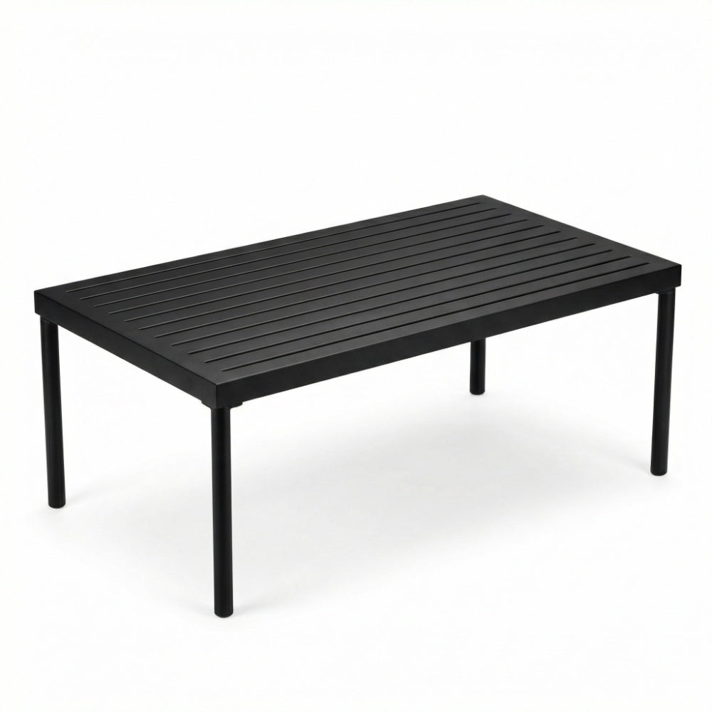 Royal Teak Collection Barcelona coffee table with dark slatted top and four tapered legs