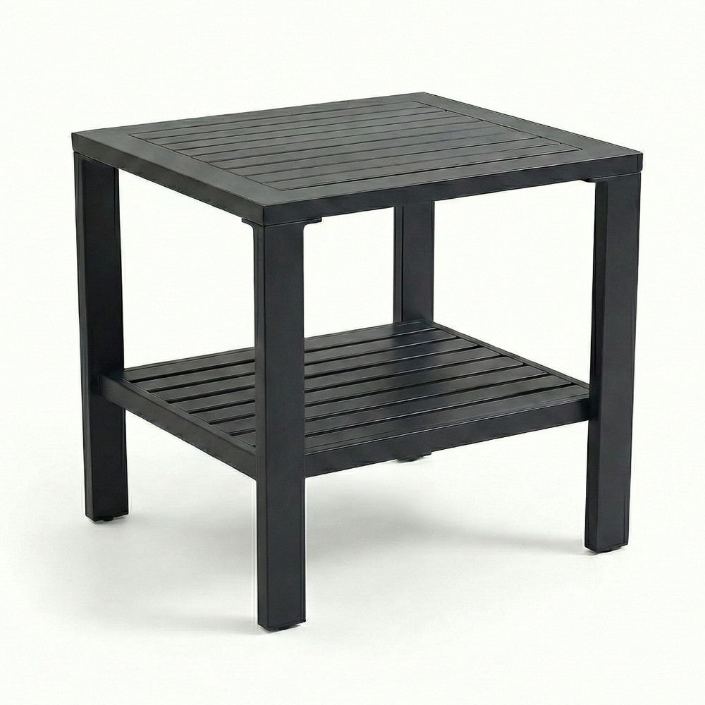 Royal Teak Collection Barcelona side table with dark slatted shelf and square legs