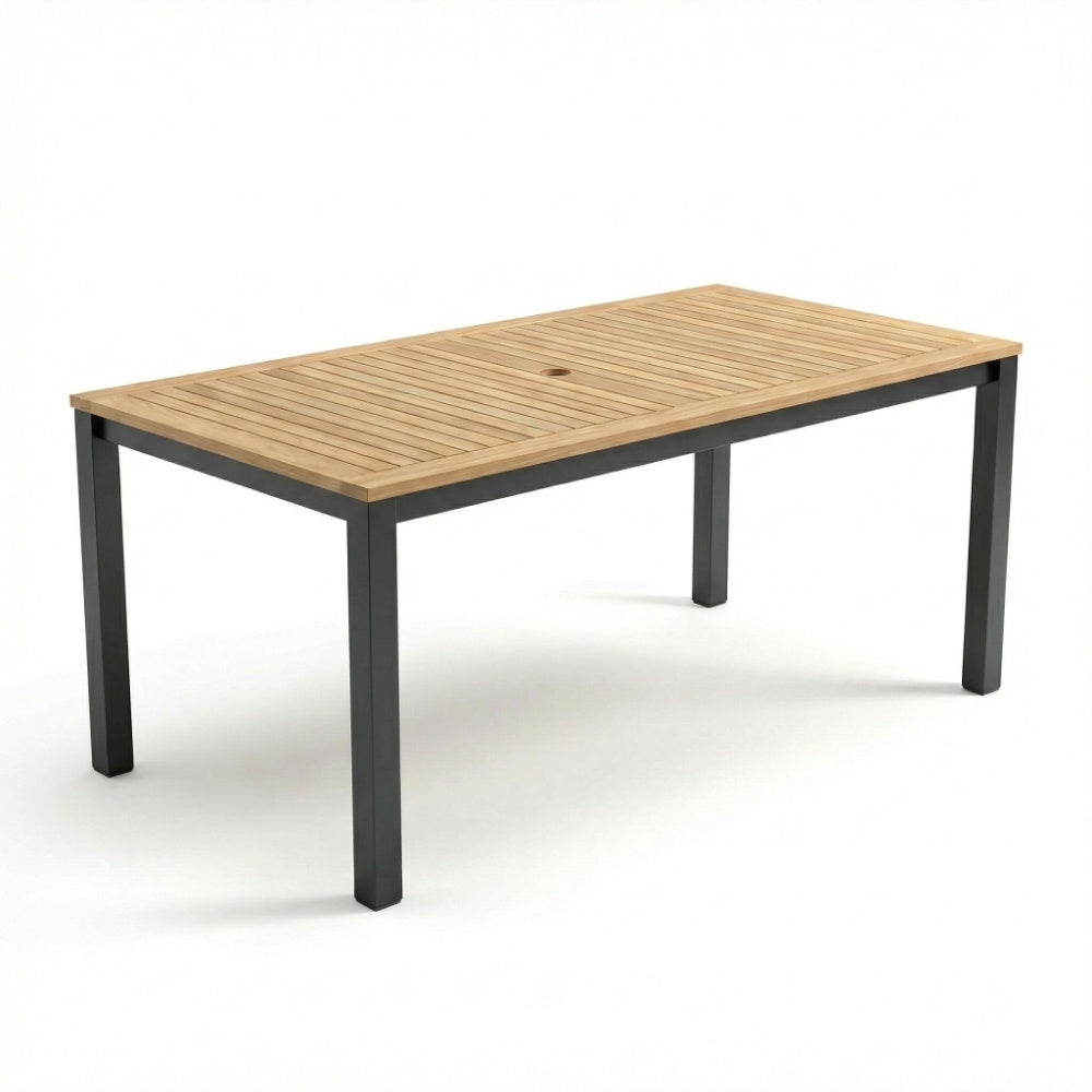Rectangular dining table with teak slat top and black aluminum frame, straight legs.