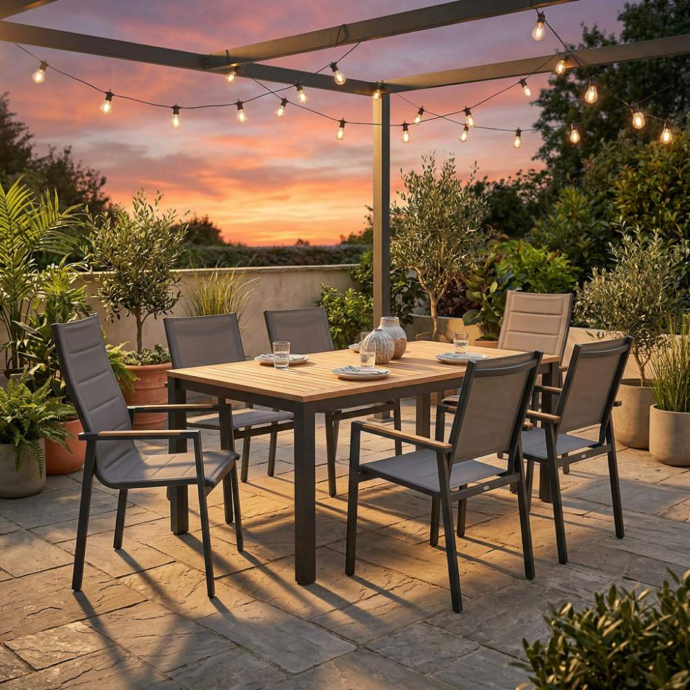 Outdoor dining table with teak slat top and black aluminum legs, shown in patio setting.