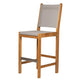 Teak bar sling chair with light gray fabric seat and backrest, open side frame