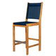 Teak bar sling chair with navy fabric seat and backrest, wide wooden arm supports