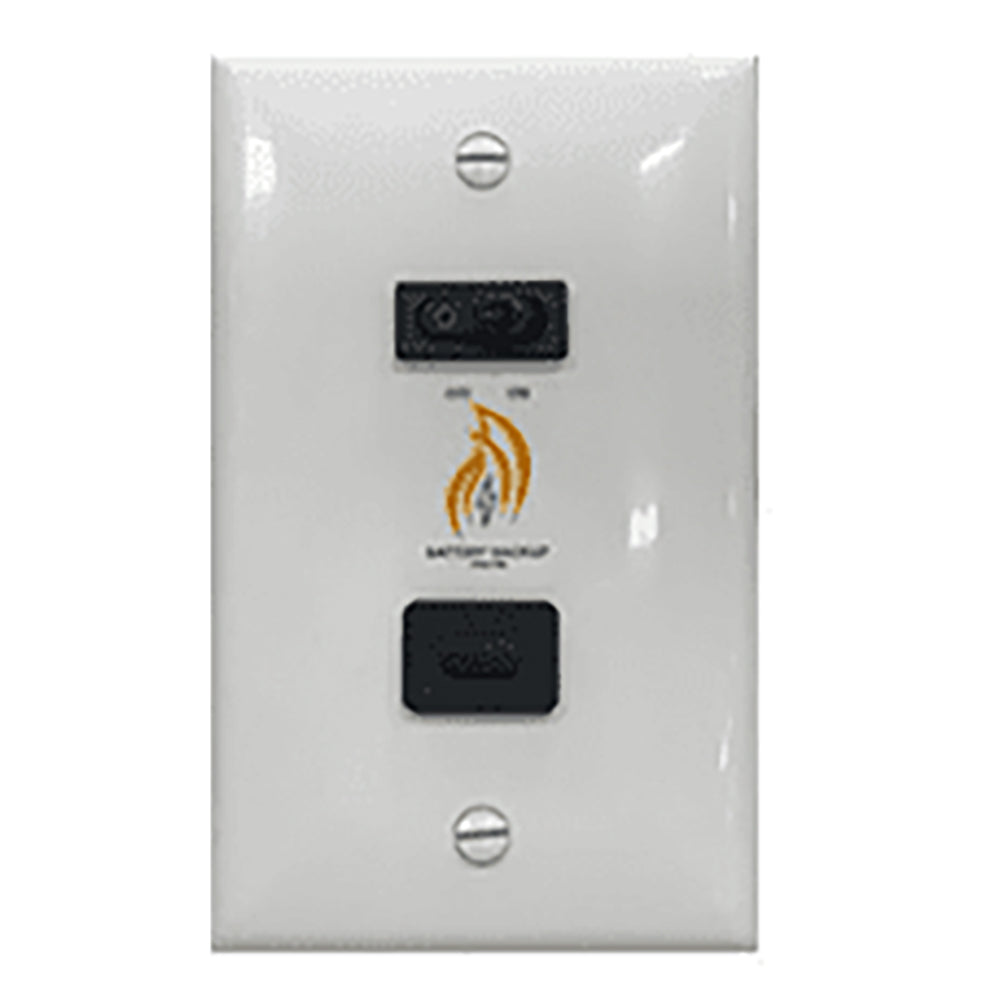 Battery backup wall switch kit, white panel with two black switch modules and status label